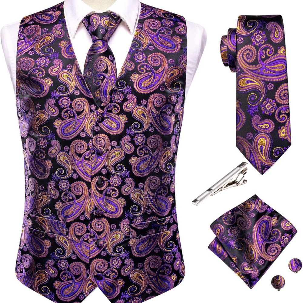 Vest Set With Lapel Pin, Tie Clip, Silk Necktie, Handkerchief, Cufflinks NWT LG